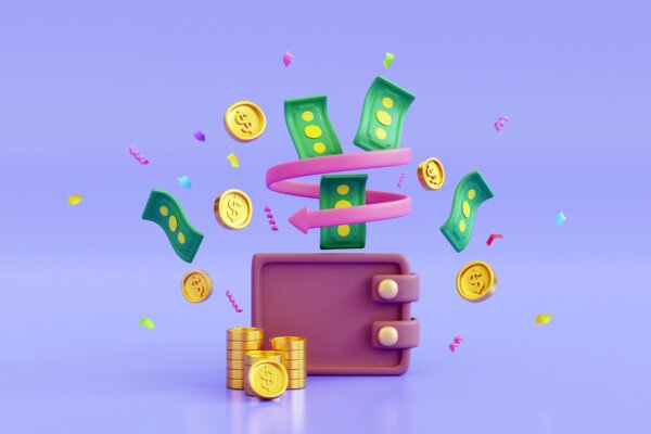 3D render in bright colours of a wallet with coins and notes flying out as illustration for post 'Working Capital Finance – can it help with cash flow?'.