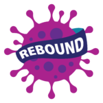 Rebound Logo - an stylised image of the Coronavirus molecule, with a banner around it saying 'Rebound'