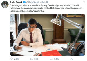 Image of Rishi Sunak, Chancellor, preparing for the 2020 Spring Budget