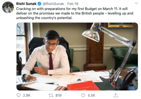 Image of Rishi Sunak, Chancellor, preparing for the Spring Budget 2020