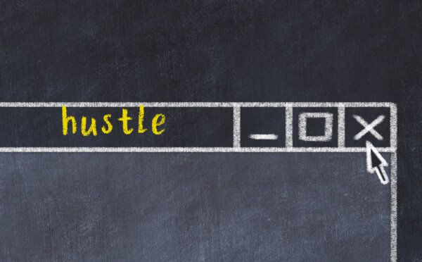 A chalk drawing of a browser window with the page header description of 'hustle' as illustration for post 'Side hustle or trade? The Badges of Trade will help...'