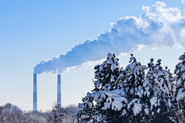 Image of industrial chimneys emitting clouds of smoke and steam with snow covered trees in the foreground as illustration for post 'Treasury task force details carbon reporting rules'.